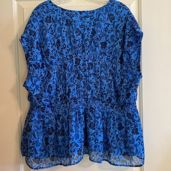 Gap V Neck Sheer Lined Ruched Waist Drop Sleeve Blue Floral Top Blouse 2X - Picture 3 of 10